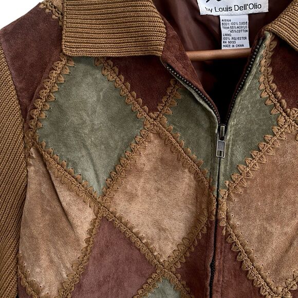 Argyle Patchwork Suede Jacket Women’s Boho Retro Earth Tone Zip Front Size Small - Picture 2 of 7
